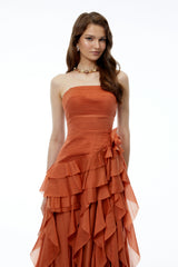 Aurelie Orange Tiered Ruffled Maxi Dress with 3D Florals