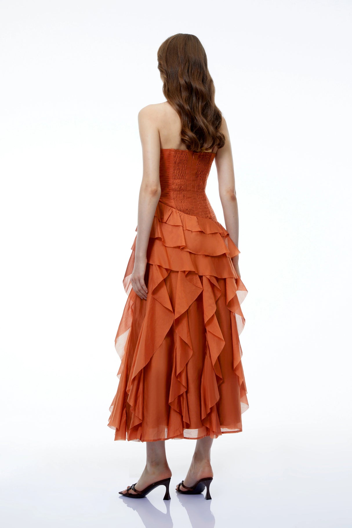 Aurelie Orange Tiered Ruffled Maxi Dress with 3D Florals