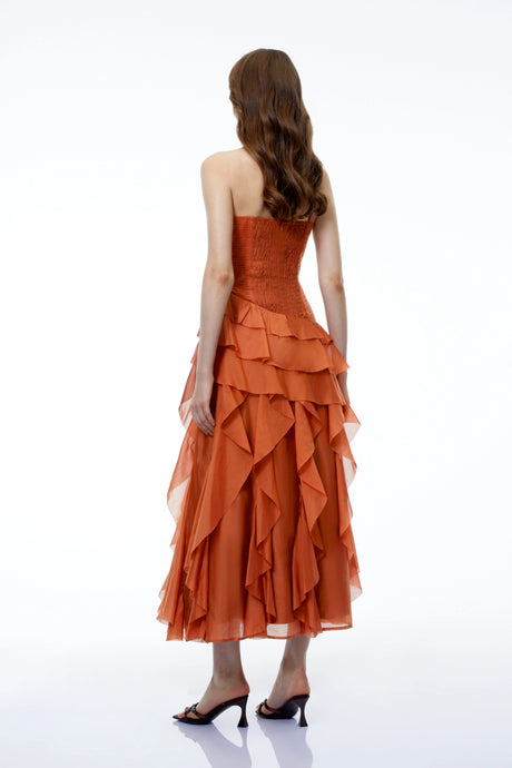 Aurelie Orange Tiered Ruffled Maxi Dress with 3D Florals
