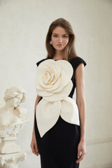 Aurélienne Black 3D Petal Pencil Midi Dress