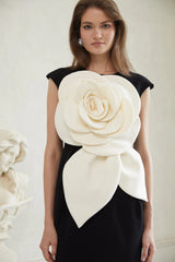 Aurélienne Black 3D Petal Pencil Midi Dress