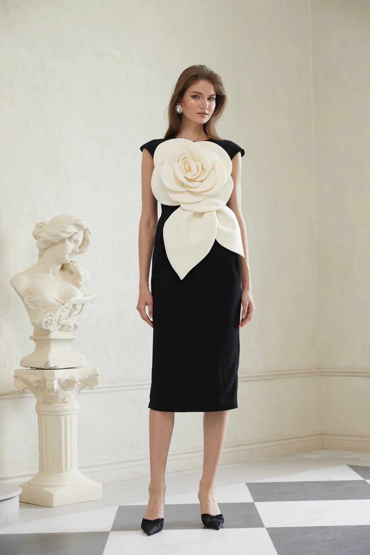 Aurélienne Black 3D Petal Pencil Midi Dress