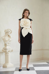 Aurélienne Black 3D Petal Pencil Midi Dress