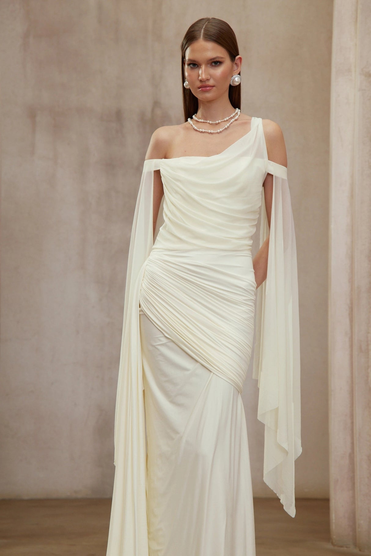 Aurianne White Asymmetrical Draped Maxi Dress