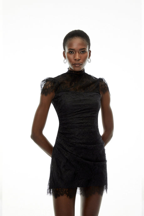 Aurora Black Lace Ruched Mini Dress