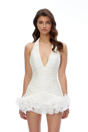 Aurora White Plunge Neck Ruched Mini Dress