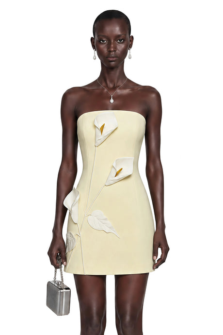 Aurora Yellow Off Shoulder Mini Dress with 3D Florals