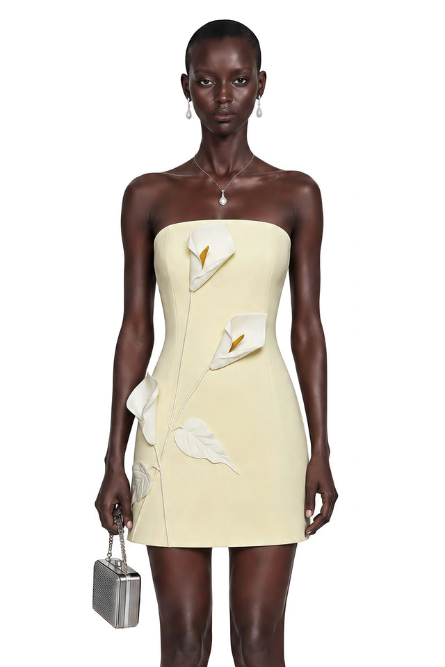 Aurora Yellow Off Shoulder Mini Dress with 3D Florals