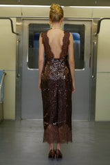 Ava Brown Lace Panel Sequined Maxi Dress