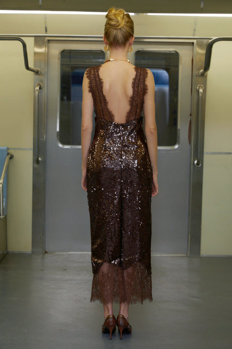 Ava Brown Lace Panel Sequined Maxi Dress