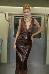 Ava Brown Lace Panel Sequined Maxi Dress