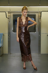 Ava Brown Lace Panel Sequined Maxi Dress