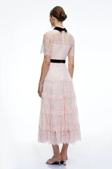 Aveline Pink Floral Lace Tiered Midi Dress