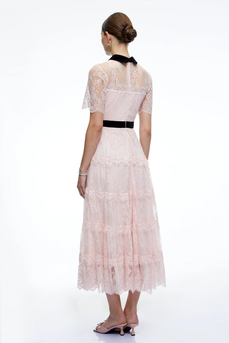 Aveline Pink Floral Lace Tiered Midi Dress