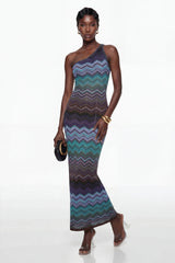 Avery Blue Knit Maxi Dress with Wave Pattern