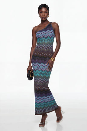 Avery Blue Knit Maxi Dress with Wave Pattern