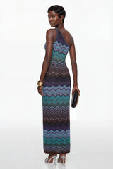 Avery Blue Knit Maxi Dress with Wave Pattern