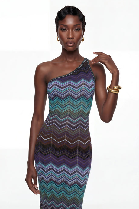 Avery Blue Knit Maxi Dress with Wave Pattern