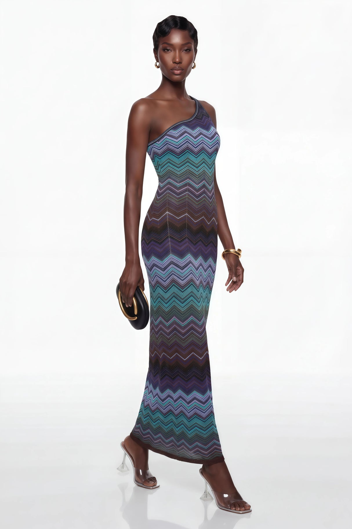 Avery Blue Knit Maxi Dress with Wave Pattern