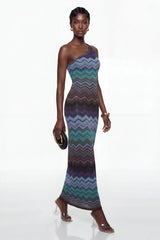 Avery Blue Knit Maxi Dress with Wave Pattern