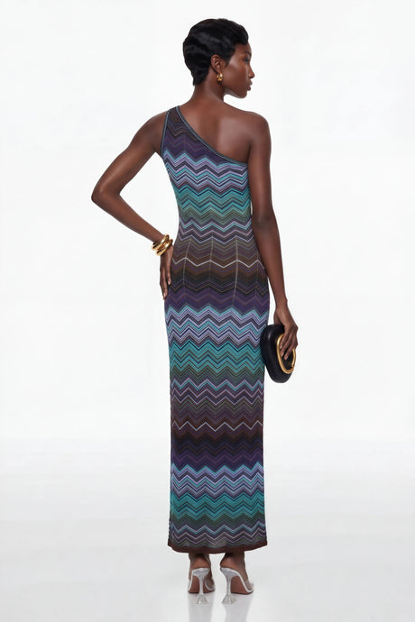 Avery Blue Knit Maxi Dress with Wave Pattern