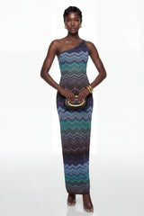Avery Blue Knit Maxi Dress with Wave Pattern
