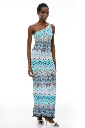 Avery Light Blue Knit Maxi Dress with Wave Pattern