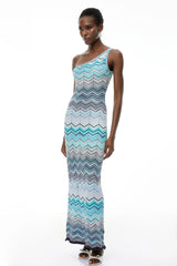 Avery Light Blue Knit Maxi Dress with Wave Pattern