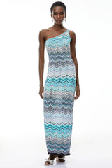 Avery Light Blue Knit Maxi Dress with Wave Pattern