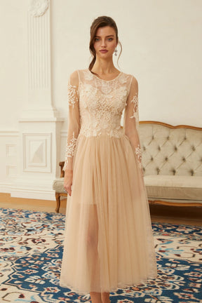 Aviana  Neutral Lace Panel Tulle Midi Dress