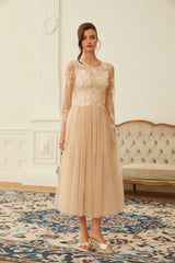 Aviana  Neutral Lace Panel Tulle Midi Dress