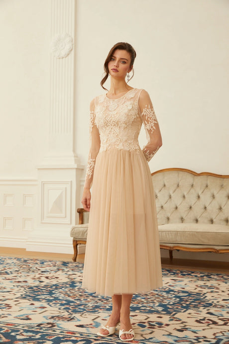 Aviana  Neutral Lace Panel Tulle Midi Dress