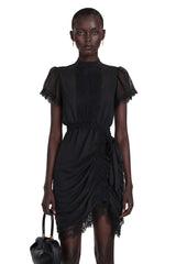Avis Black Ruched Mini Dress with Lace Trim