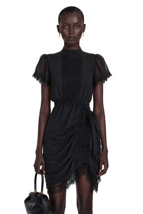 Avis Black Ruched Mini Dress with Lace Trim