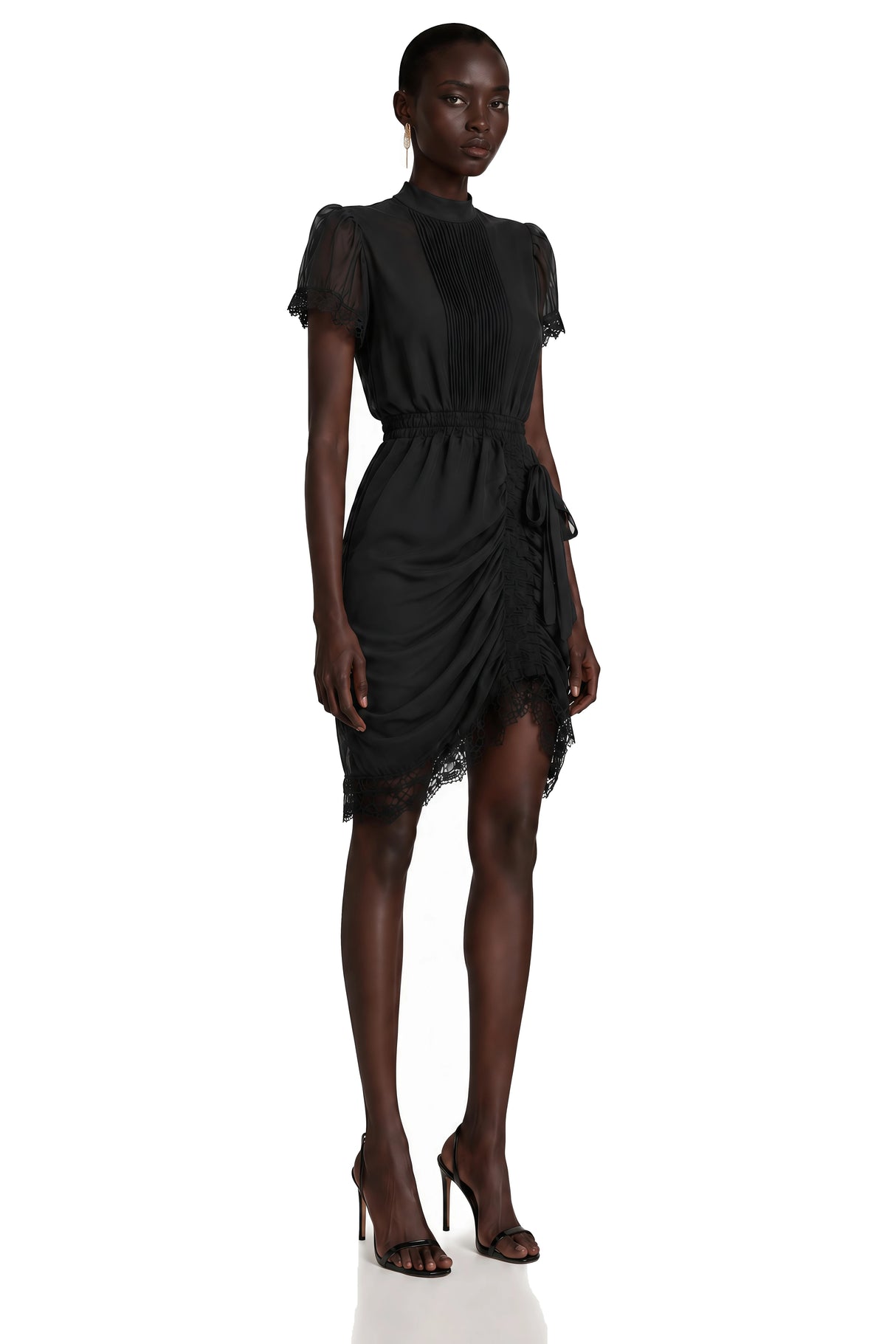 Avis Black Ruched Mini Dress with Lace Trim