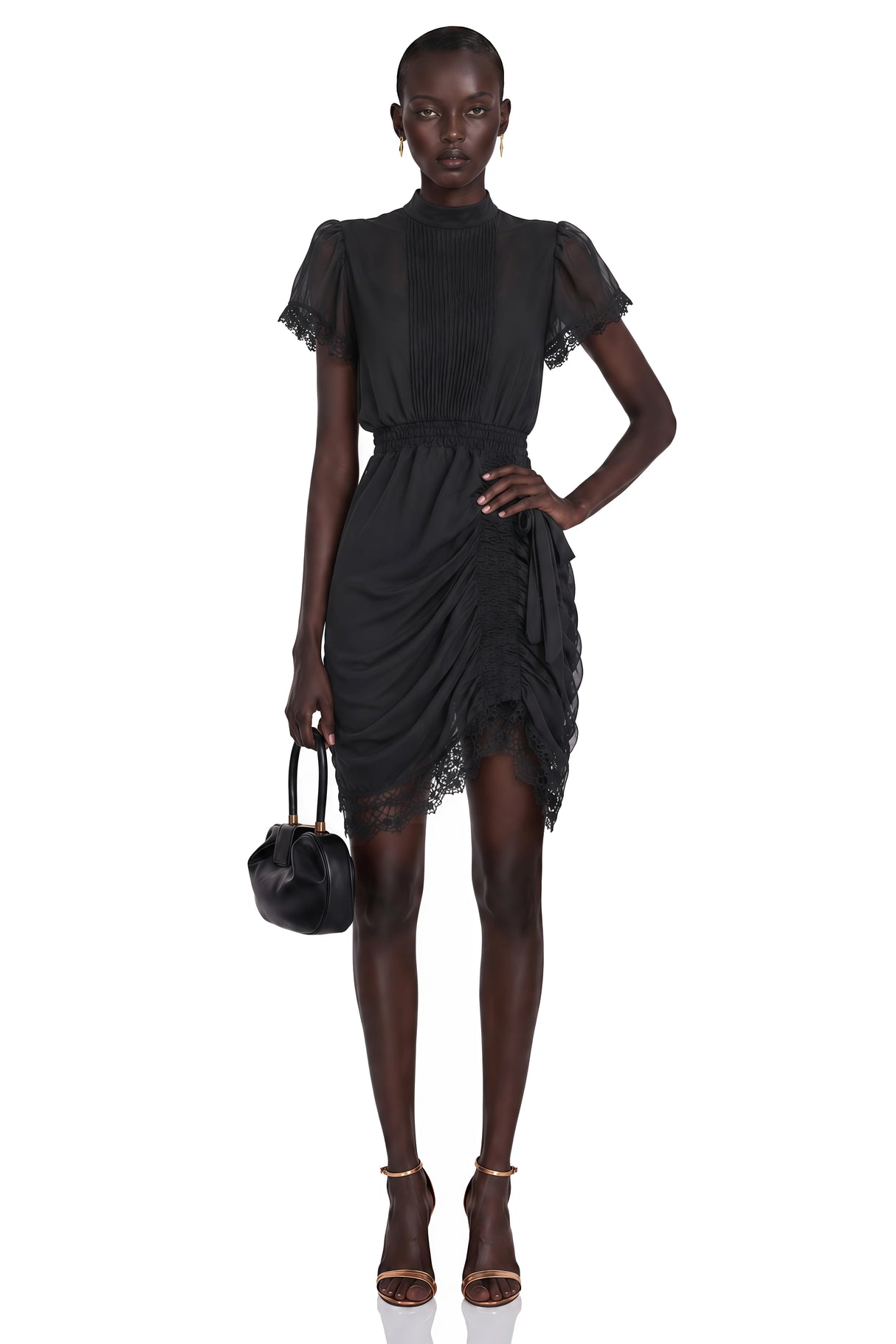 Avis Black Ruched Mini Dress with Lace Trim