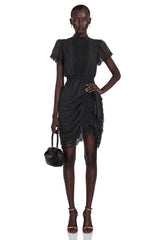Avis Black Ruched Mini Dress with Lace Trim