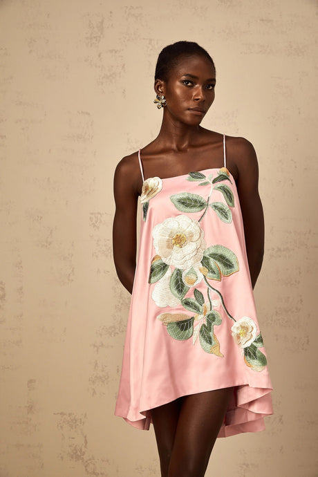 Avril Pink Floral Embroidered Satin Mini Dress