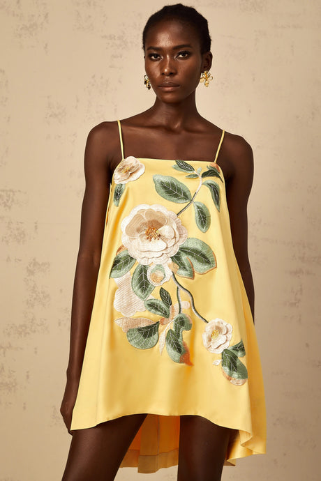 Avril Yellow Floral Embroidered Mini Dress