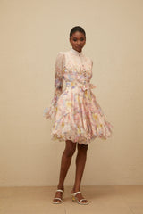 Aya Pink Godet Floral Mini Dress