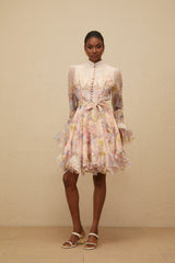 Aya Pink Godet Floral Mini Dress