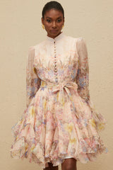 Aya Pink Godet Floral Mini Dress