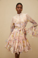 Aya Pink Godet Floral Mini Dress