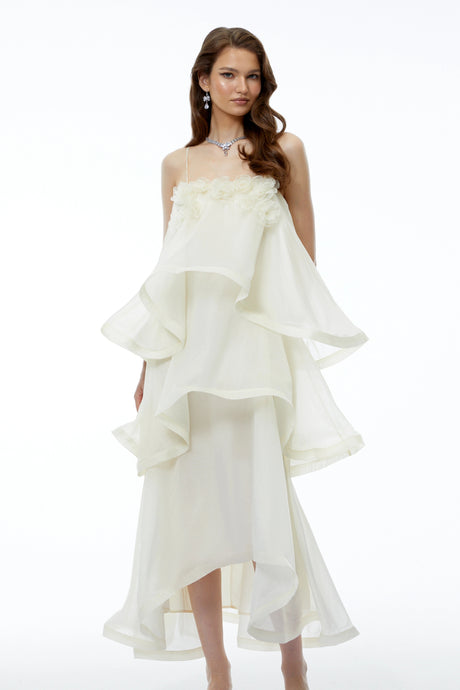 Aysun White Tiered Maxi Dress with 3D Florals