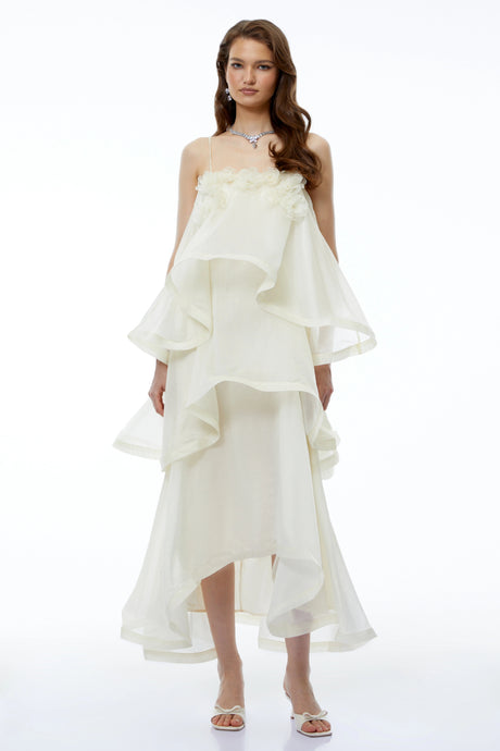 Aysun White Tiered Maxi Dress with 3D Florals