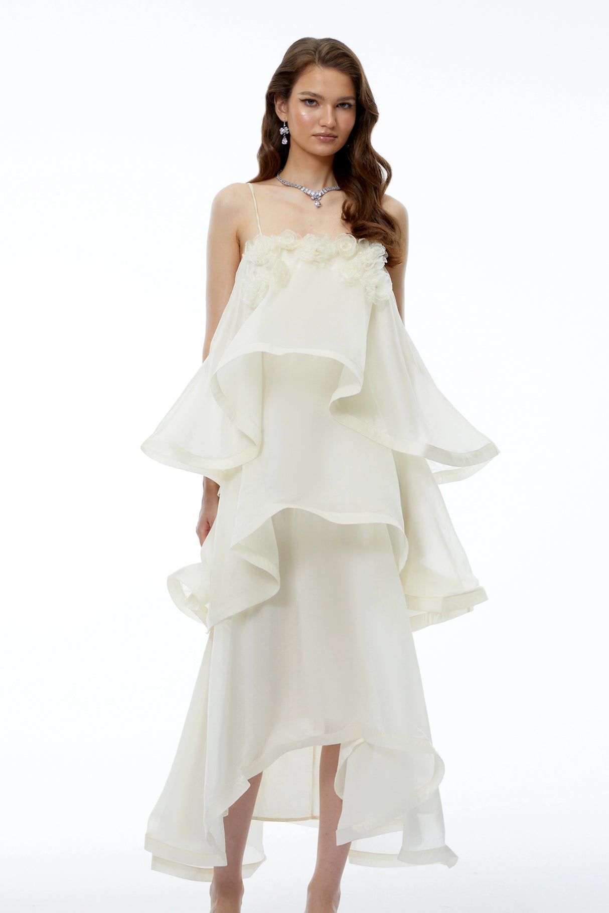 Aysun White Tiered Maxi Dress with 3D Florals