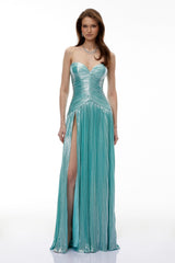Azar Cobalt Blue Ruched Glossy Maxi Dress