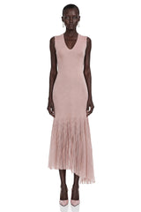 Barbara Pink Pleated Midi Dress with Asymmetrical Hem