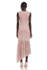 Barbara Pink Pleated Midi Dress with Asymmetrical Hem