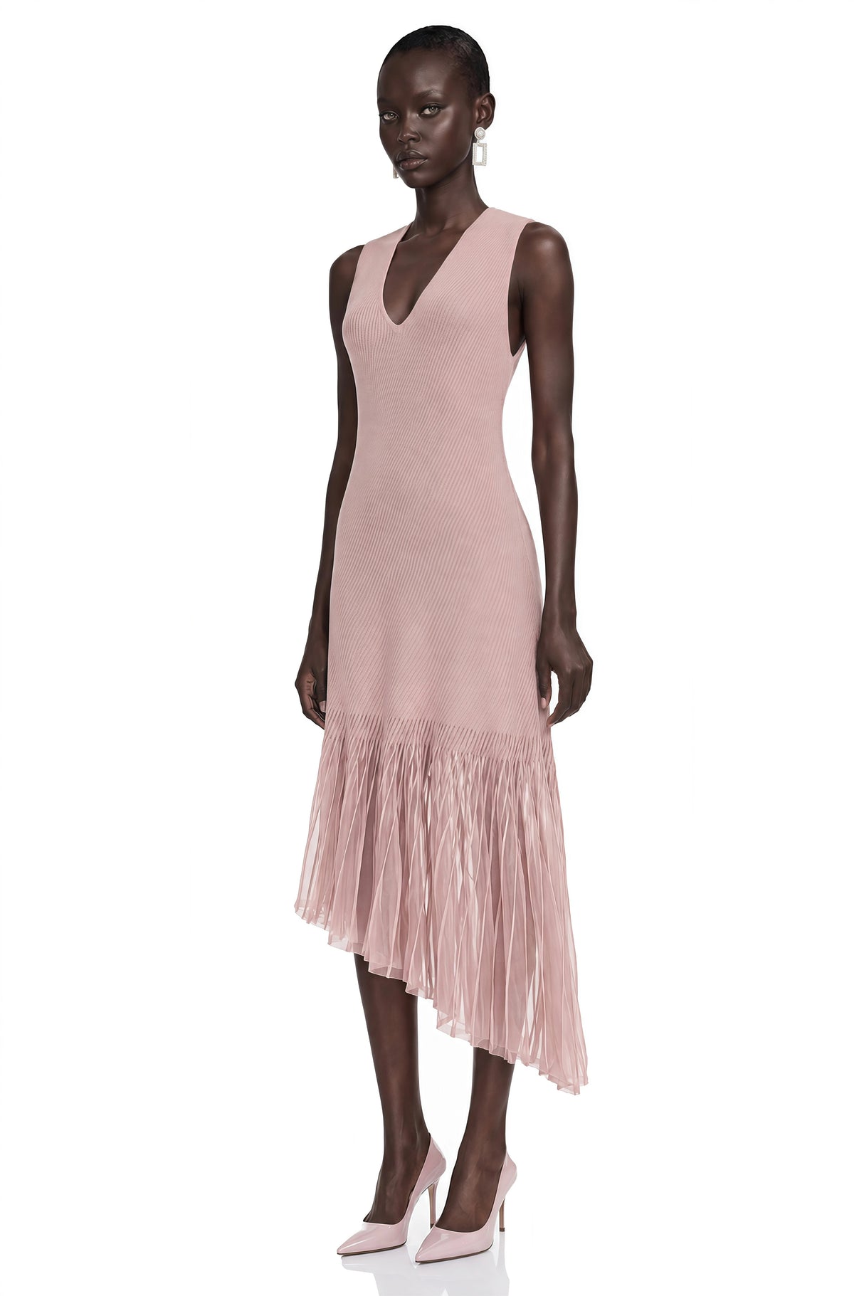 Barbara Pink Pleated Midi Dress with Asymmetrical Hem